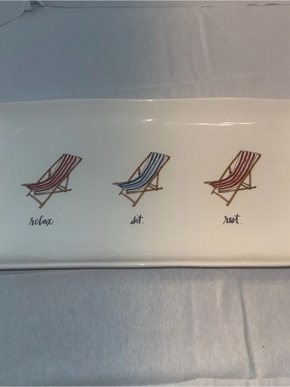 Rae Dunn Relax Sit Rest Striped Deck Chair Ceramic Tray - White